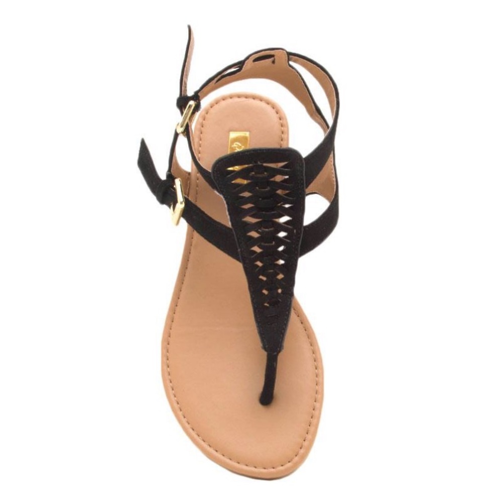 Qupid Archer Flat Gladiator Sandals Black FX Suede